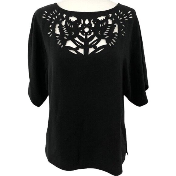 RACHEL Rachel Roy Laser Cut Floral Birds Dolman Short Sleeve Top Black Size XS - Picture 1 of 16